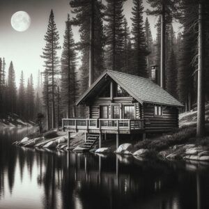 Cabin On A Lake Black and White Photo