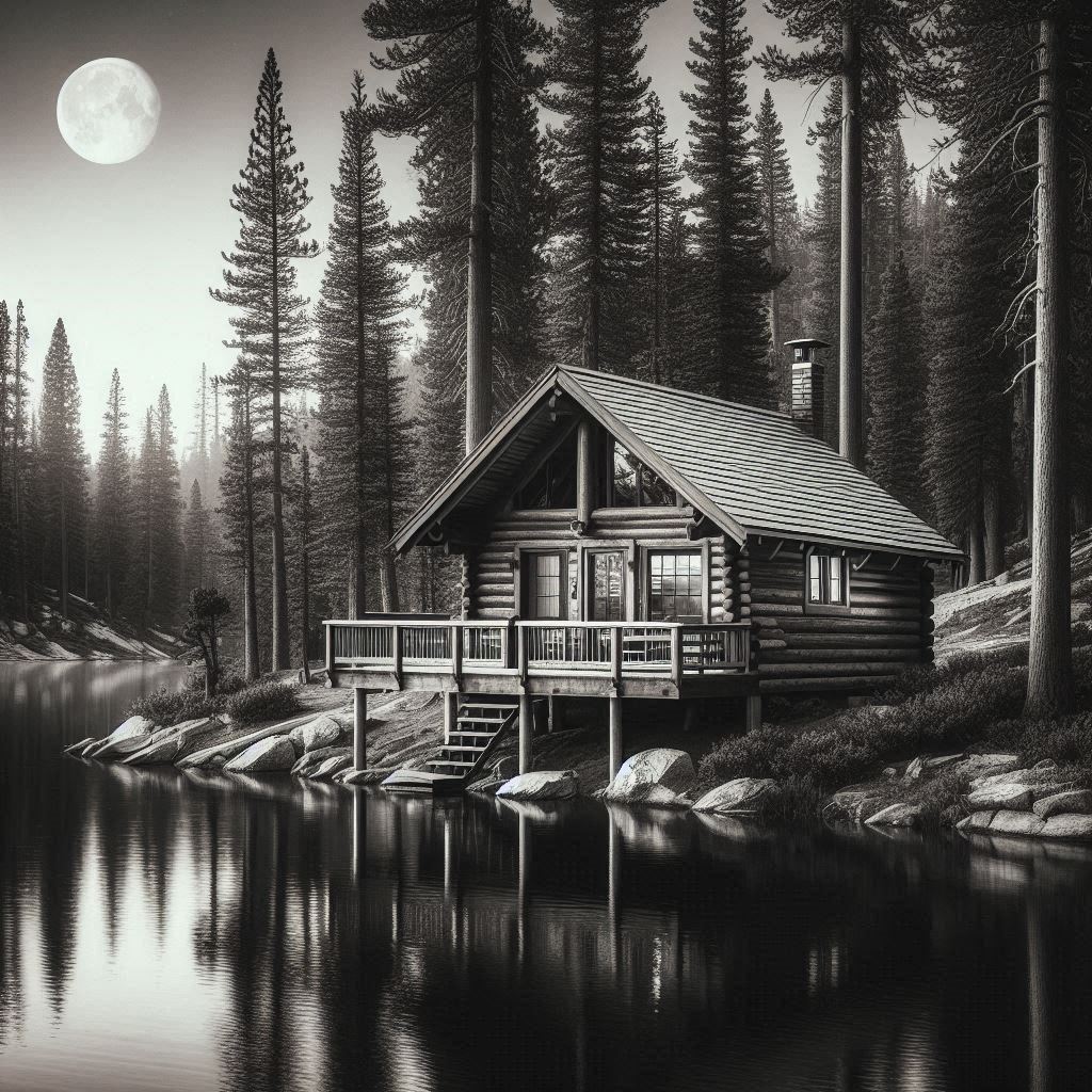 Cabin On A Lake Black and White Photo